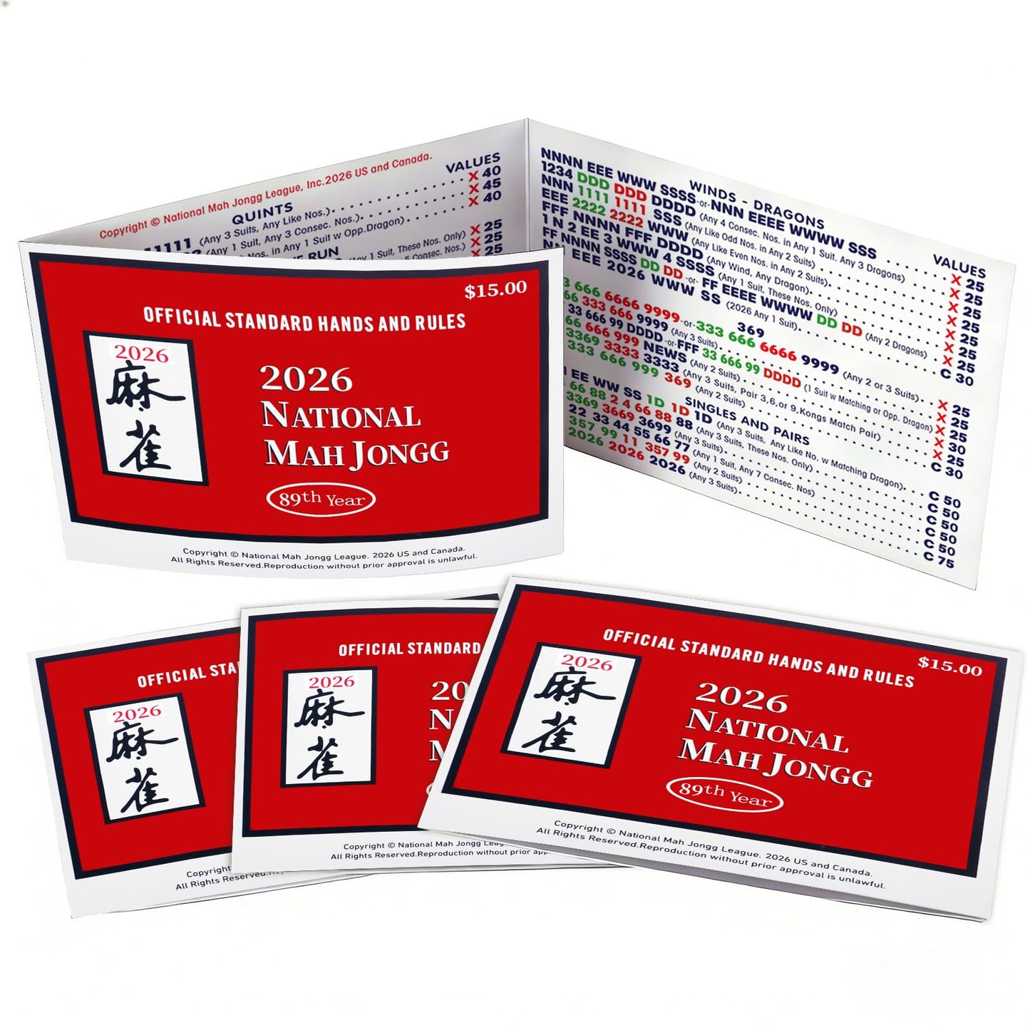 2026 Official National Mahjong League Cards - 4 Pack Large Print Set