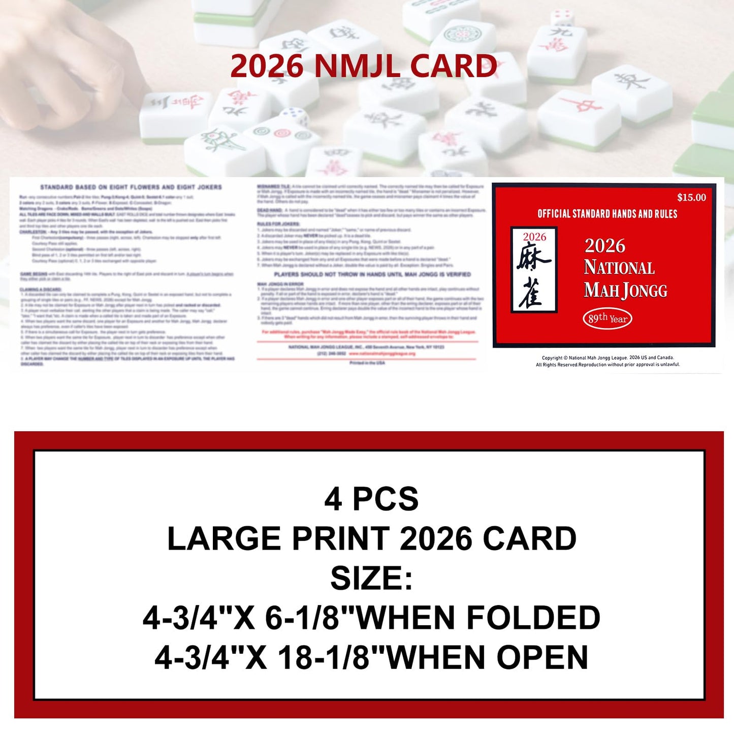 2026 Official National Mahjong League Cards - 4 Pack Large Print Set